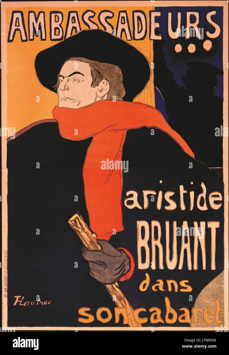 Il poster di Henri de Toulouse-Lautrec, "Ambassadeurs Aristide Bruant", presenta la cantante di cabaret francese Aristide Bruant. L'opera esemplifica lo stile caratteristico di Lautrec, catturando la vivace vita notturna dell'intrattenimento parigino durante la fine del XIX secolo. Foto Stock