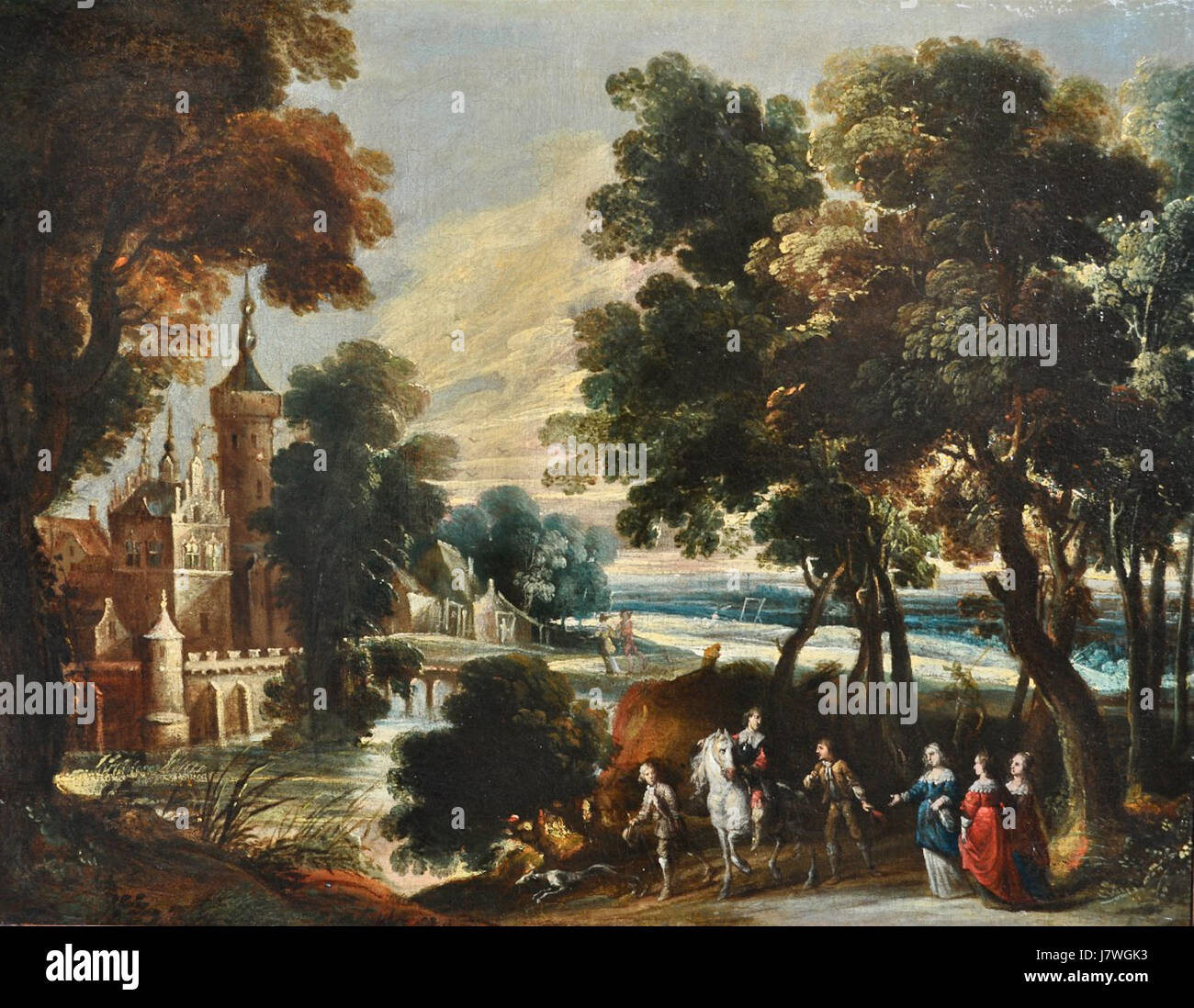 Questa opera d'arte di Cornelis de Wael raffigura un elegante gruppo di individui riuniti fuori da un piccolo castello, probabilmente rappresentando una scena della nobiltà europea del XVII secolo o della vita sociale. Foto Stock