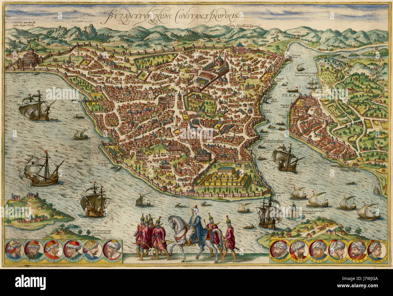 La rappresentazione di Braun di Bisanzio, in particolare Costantinopoli, offre approfondimenti storici sulla città che un tempo era la capitale dell'Impero Romano d'Oriente. L'incisione mette in risalto il significato architettonico e culturale della città durante il suo picco nell'era medievale. Foto Stock