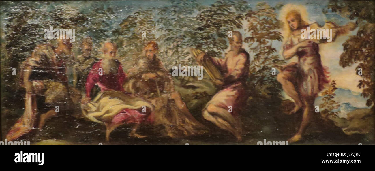 "Il Concorso di Apollo e Marsias o Pan" è un dipinto di un ignoto artista di scuola veneziana, che raffigura la mitologica competizione tra gli dei Apollo e Marsias, mettendo in evidenza la tensione e l'arte del mito. Foto Stock