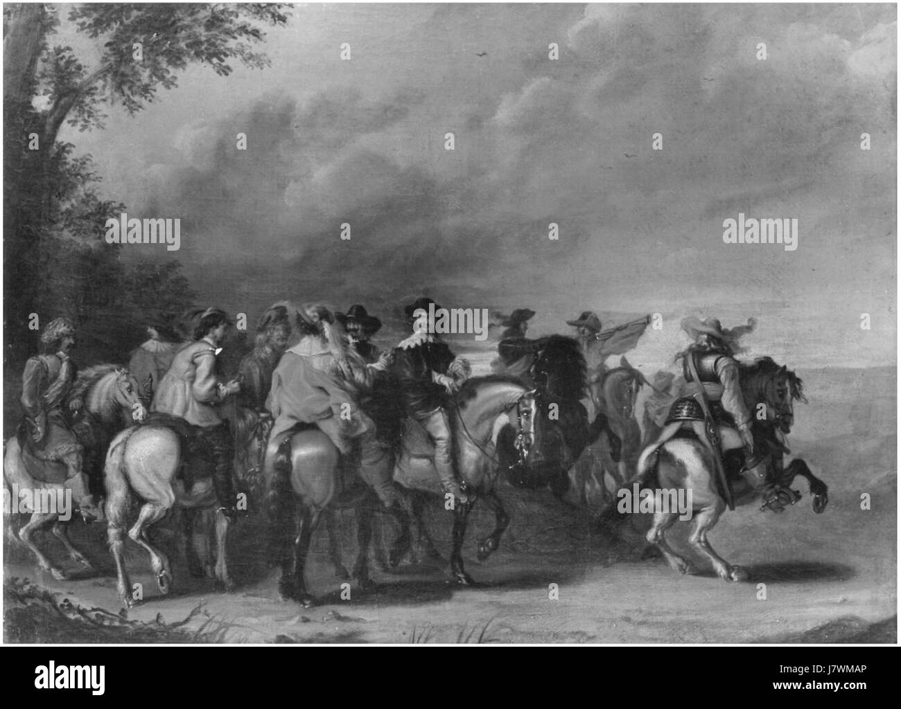 Un dipinto di Cornelis de Wael che mostra un gruppo di cavalieri impegnati in un briefing. Il pezzo mette in evidenza l'interazione e il cameratismo dei cavalieri durante una discussione storica o militare. Foto Stock