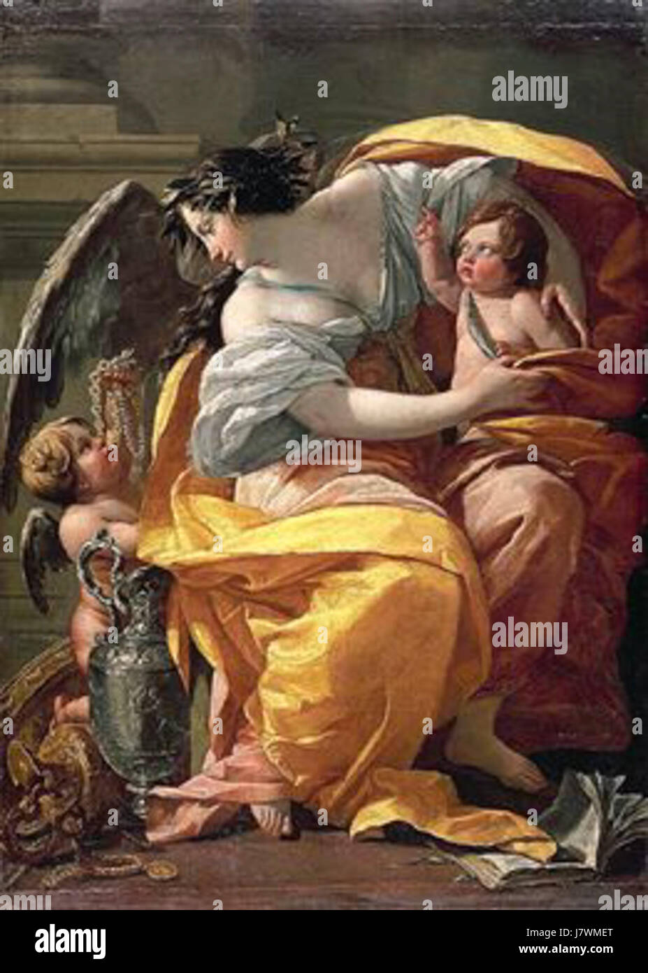*Allegoria delle ricchezze*, dipinta da Simon Vouet, ritrae la personificazione della ricchezza e le sue rappresentazioni simboliche, un tema tipico dell'arte barocca, che riflette le opinioni sociali sulla ricchezza e la prosperità durante il XVII secolo. Foto Stock
