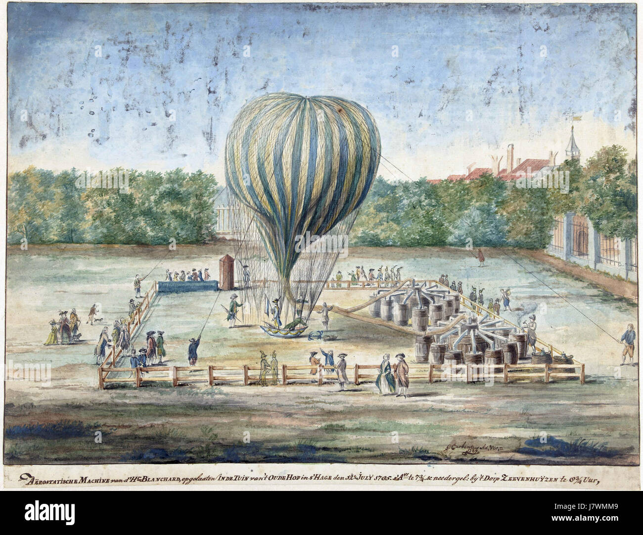 Nel 1785, l'ascensione di un pallone aerostatico ebbe luogo al Noordeinde Palace a l'Aia, segnando un momento significativo nella storia del pallone. Questo evento è ricordato per la sua dimostrazione della prima tecnologia di volo. Foto Stock