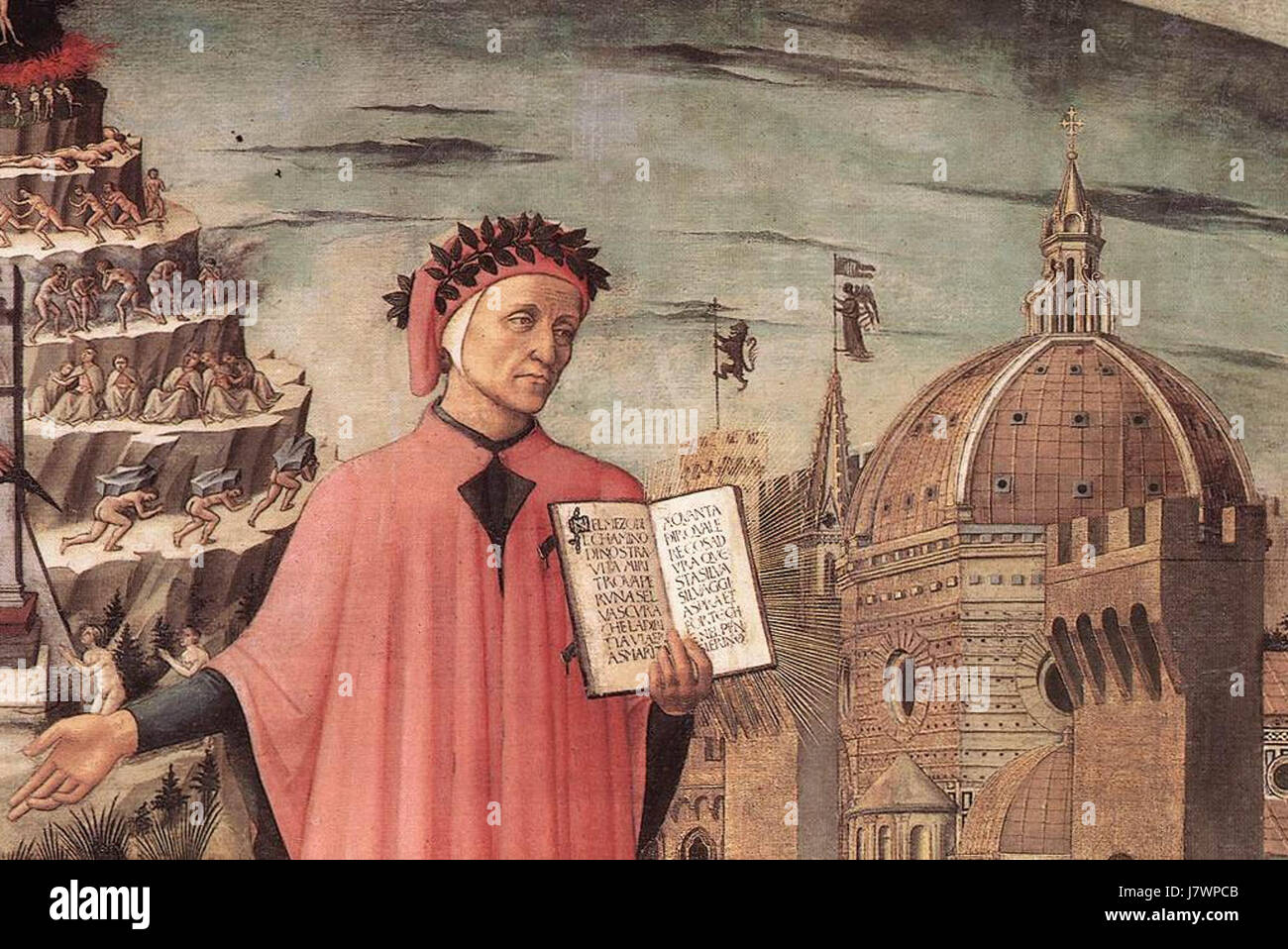 "Dante e la Comedia" si riferisce al poeta italiano Dante Alighieri e alla sua opera epica "la Divina Commedia". Questo capolavoro esplora i temi dell'aldilà, tra cui l'Inferno, il Purgatorio e il Paradiso, offrendo un profondo viaggio allegorico dell'anima. L'opera di Dante è un elemento chiave della letteratura italiana e ha influenzato le tradizioni letterarie occidentali per secoli. Foto Stock