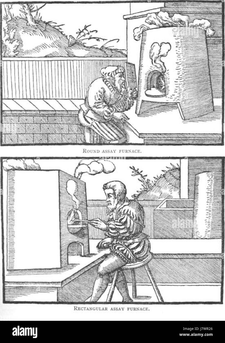 Questa immagine si riferisce ai forni a cupellazione descritti nel De Re metallica di Georgius agricola, un'opera fondamentale sull'estrazione mineraria e la metallurgia. I forni venivano utilizzati in tempi antichi per raffinare metalli preziosi come oro e argento riscaldandoli ad alte temperature. Foto Stock