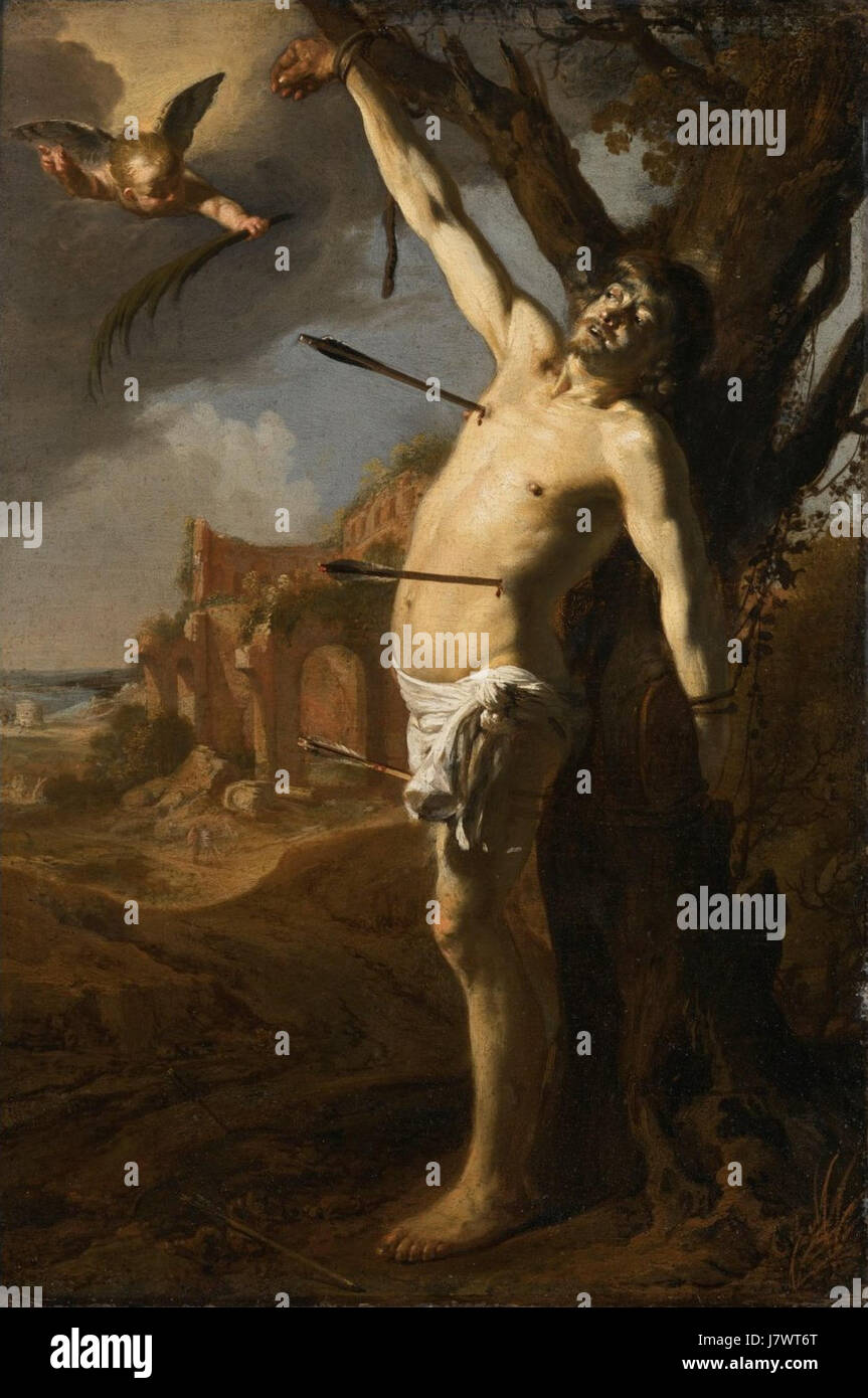 "Il Martirio di San Sebastiano", dipinto da David Colijns nel 1636, raffigura il momento della morte di San Sebastiano, un martire cristiano. L'opera sottolinea il tema religioso del sacrificio e del martirio, mostrando lo stile barocco di Colijns e la profondità emotiva nel ritratto della sofferenza di San Sebastiano. Foto Stock