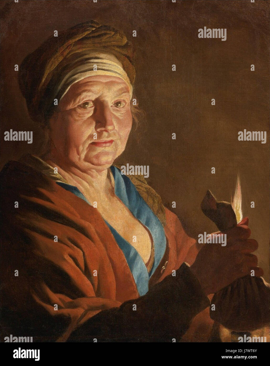 Questo dipinto di Matthias Stomer, intitolato "una vecchia donna che tiene una borsa a lume di candela", cattura un momento di natura morta con l'interazione di luce e ombra, tipico del realismo barocco. Raffigura una donna anziana con una borsa, illuminata dal lume di candela. Foto Stock
