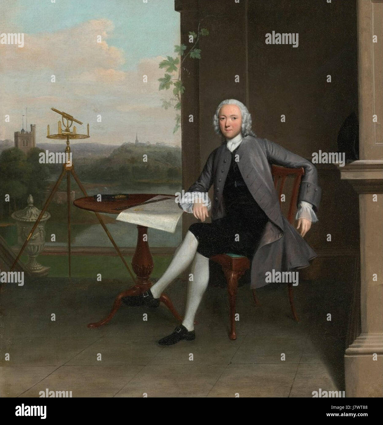 " Ritratto di Jonas Hanway, seduti a un tavolo accanto a un geometra Teodolite di e una classica urna, che si affaccia su un paesaggio' da Arthur Devis Foto Stock