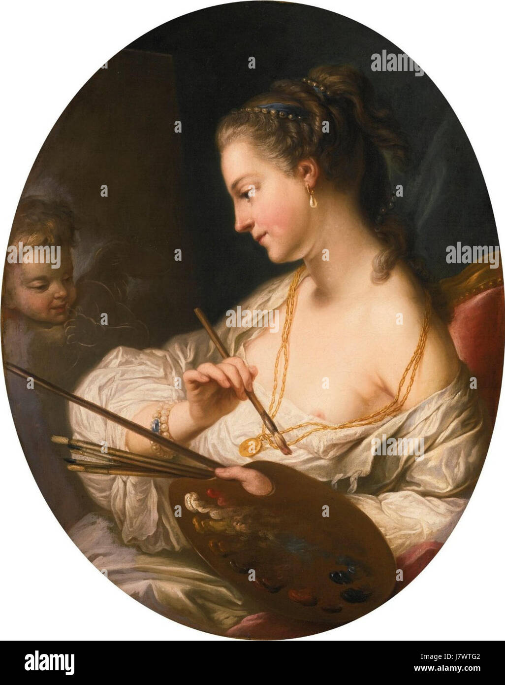 "Allegoria della pittura" è un famoso dipinto di Carle van Loo, un artista rococò francese. L'opera presenta una personificazione della pittura, raffigurata con oggetti simbolici che rappresentano vari aspetti dell'arte e della creatività. Foto Stock