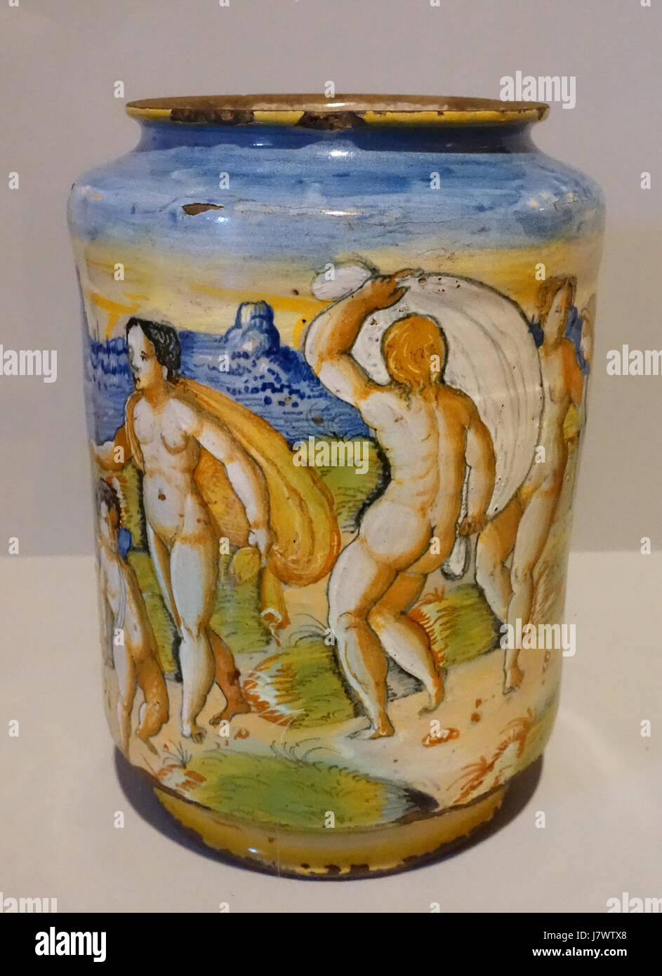 Speziale jar (albarello) raffigurante la sentenza di Parigi, Famiglia Patanazzi, Italia, c. 1580, stagno terracotta invetriata Krannert Art Museum, UIUC DSC06368 Foto Stock