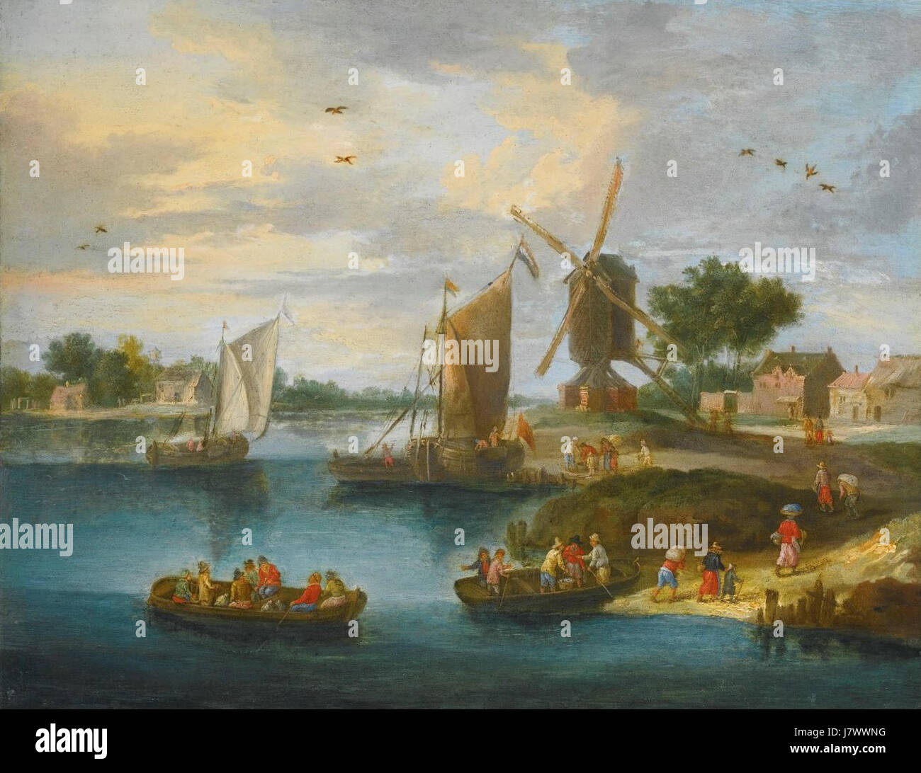 Questo dipinto di Jan van Kessel il Vecchio raffigura un tranquillo paesaggio fluviale con un tradizionale mulino a vento, che riflette l'amore del secolo d'oro olandese per la natura e il progresso tecnologico, con un'enfasi sulle acque calme e le scene pastorali. Foto Stock