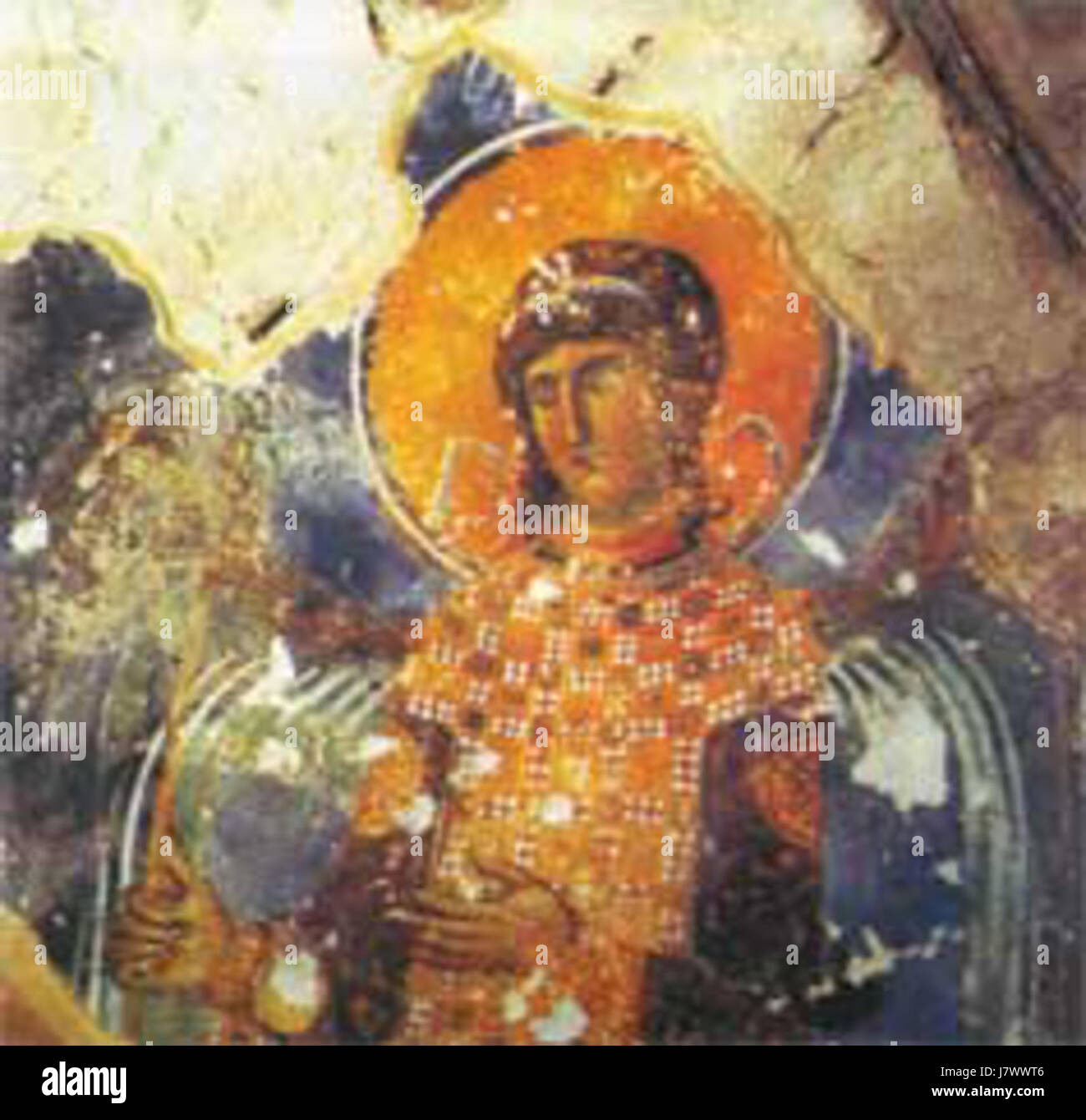 Questo affresco, trovato nel monastero di Bachkovo in Bulgaria, raffigura l'Arcangelo Gabriele. Il Monastero di Bachkovo, risalente all'XI secolo, è un importante sito religioso con affreschi raffiguranti temi biblici. L'Arcangelo Gabriele è spesso mostrato come messaggero di Dio nell'arte cristiana, e questa rappresentazione è un significativo esempio di iconografia ortodossa orientale. Foto Stock