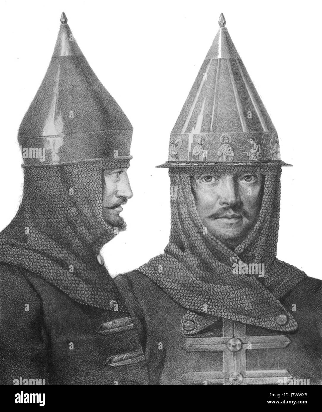 Questo titolo si riferisce a una raccolta di illustrazioni di libri che raffigurano l'abbigliamento e le armi storiche utilizzate dalle truppe russe. Fornisce informazioni visive sull'abbigliamento e le attrezzature militari del periodo, offrendo uno sguardo sulla storia militare russa. Foto Stock