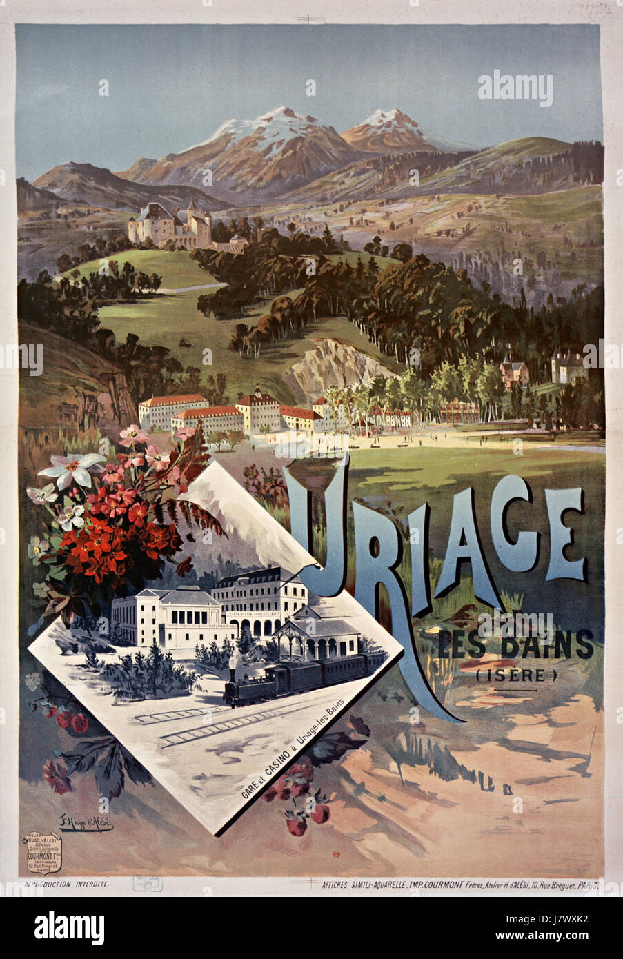 Poster pubblicitario sui servizi ferroviari Paris-Lyon-MÃ©diterranÃ©e (PLM) per Uriage-les-Bains, una città termale in Francia. Foto Stock