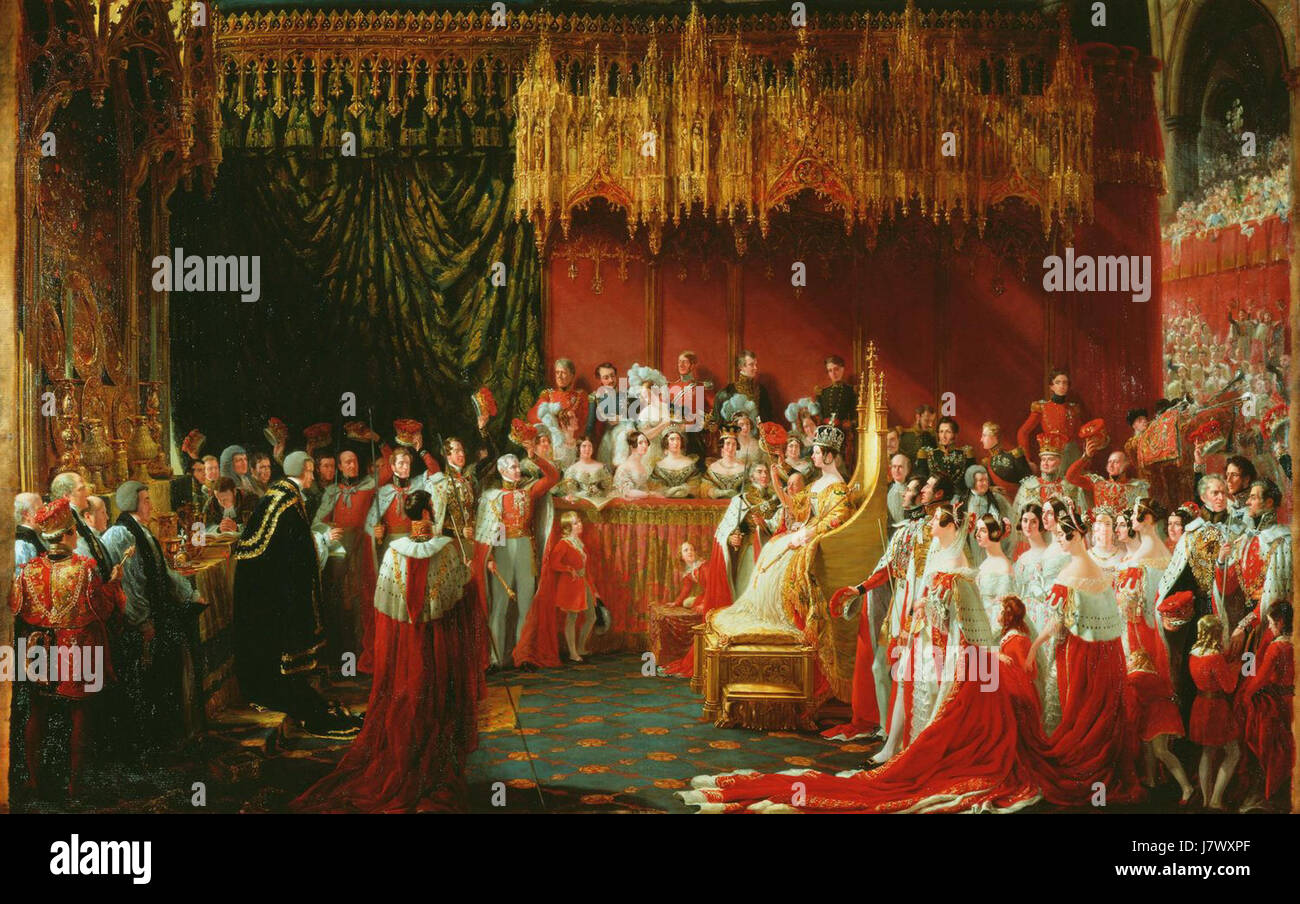 Il dipinto di Sir George Hayterâ cattura la storica incoronazione della regina Vittoria il 28 giugno 1838, segnando la sua ascesa al trono britannico. Foto Stock