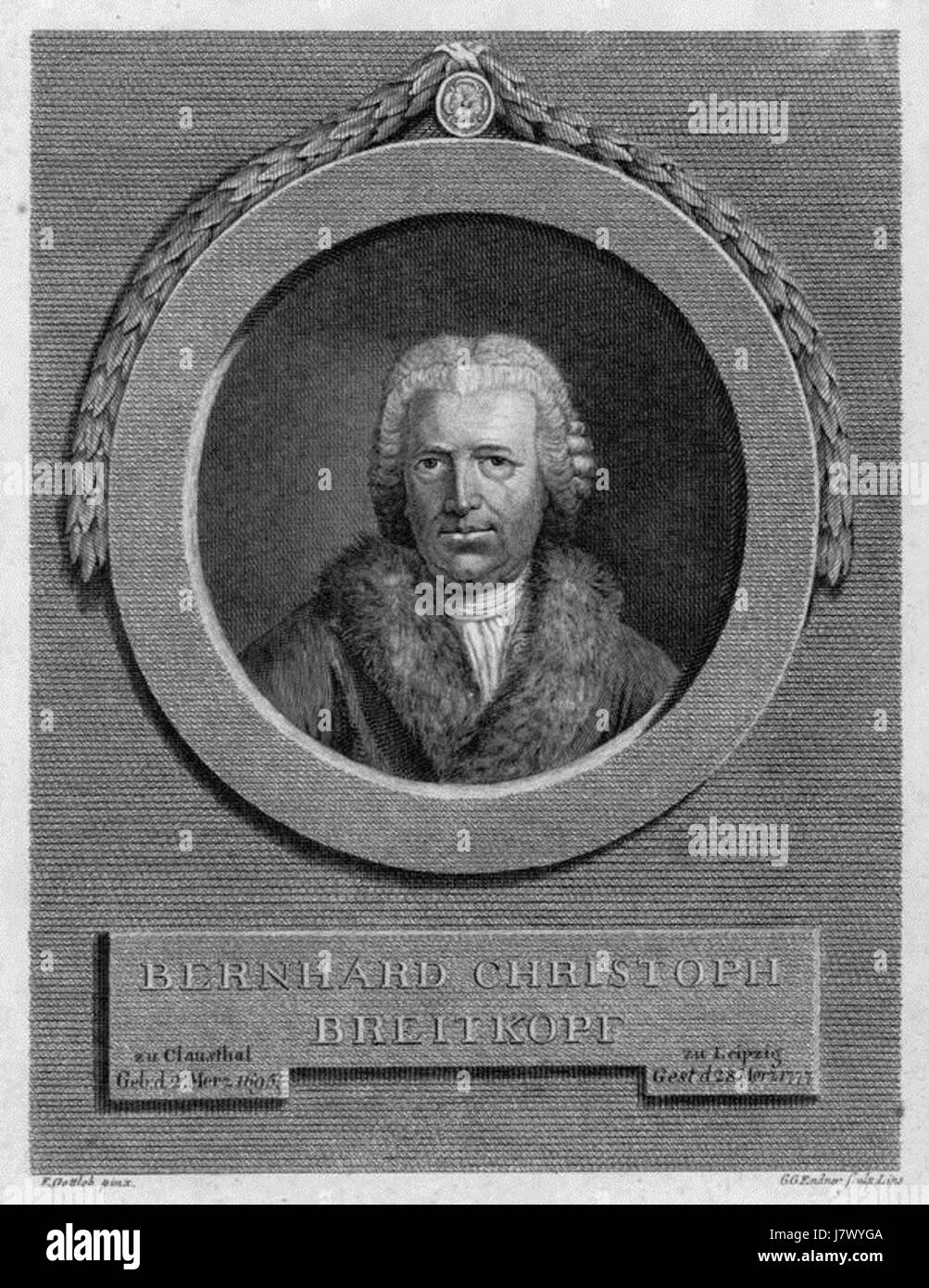 Bernhard Christoph Breitkopf è stato un editore musicale e tipografo tedesco, noto per i suoi significativi contributi all'editoria musicale nel XVIII secolo. Ha fondato la casa editrice Breitkopf & HÃ¤rtel, che ha svolto un ruolo chiave nella distribuzione della musica classica, lavorando con compositori famosi come Bach e Haydn. Foto Stock