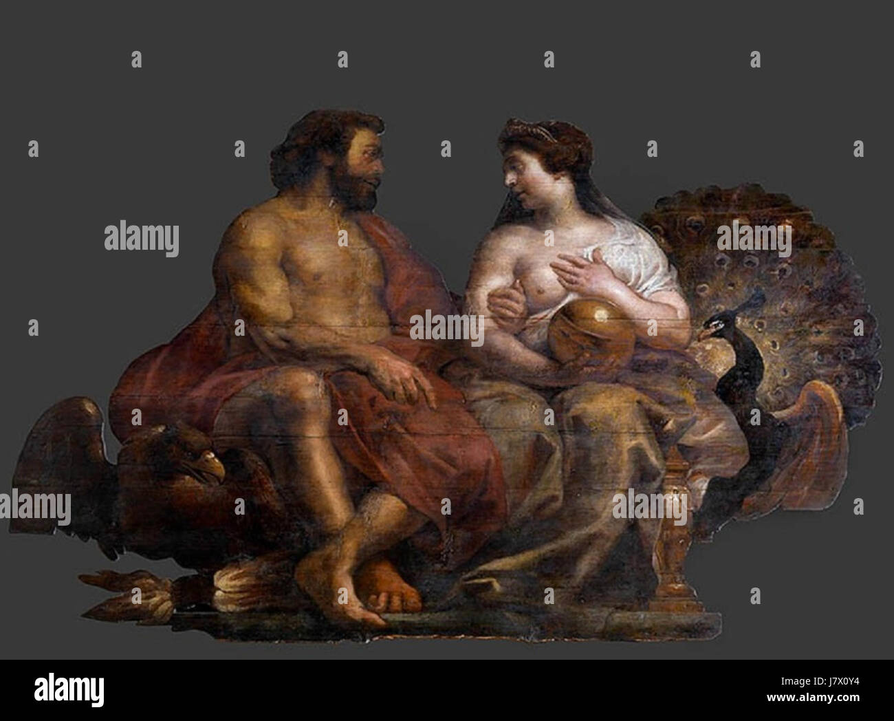 Questo dipinto di Cornelis de Vos raffigura la scena mitologica di Giove e Giunone, concentrandosi sull'interazione degli dei nella mitologia classica, mostrando la maestria dell'arte rinascimentale di artistâ. Foto Stock