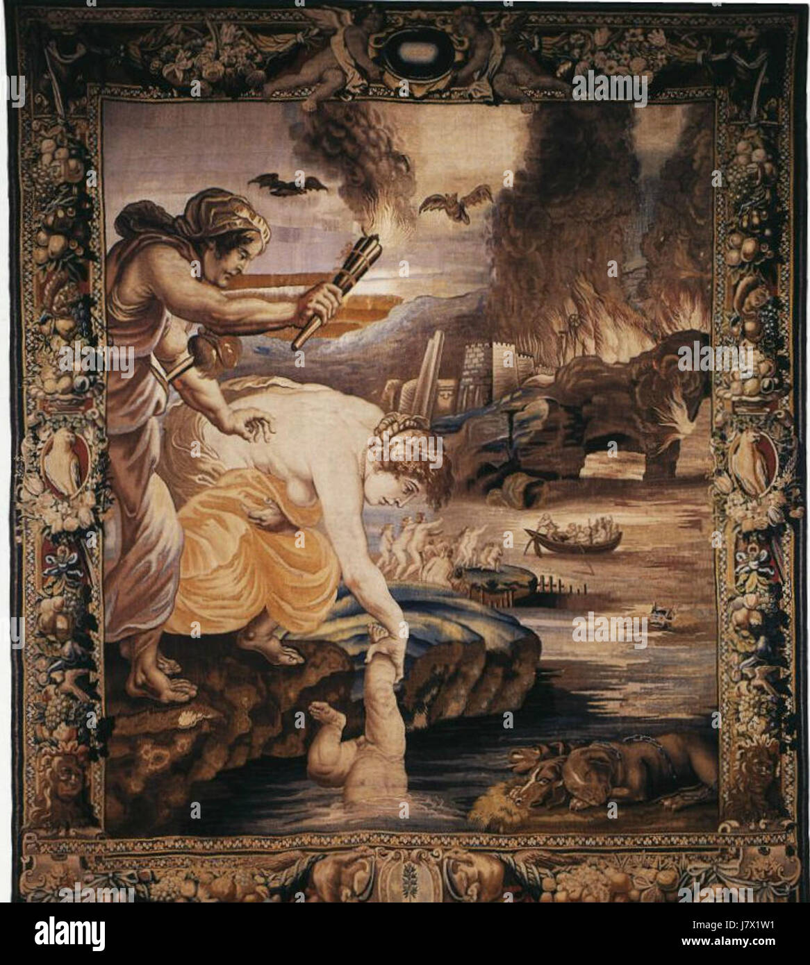 Questo arazzo raffigura la scena mitologica di Achille che viene immerso nel fiume Styx per diventare invulnerabile, una parte ben nota della mitologia greca. Foto Stock