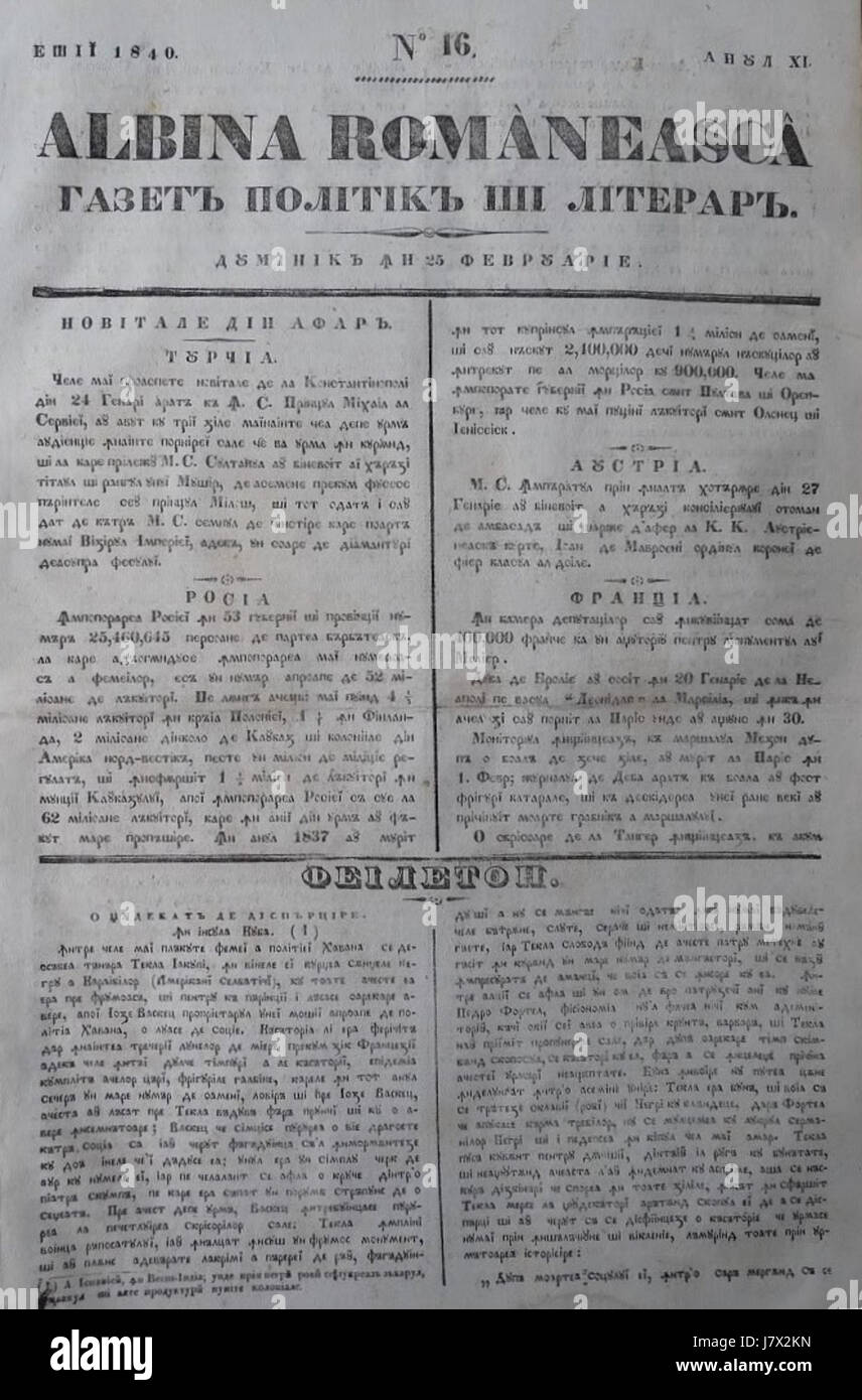 Albina Romaneasca Coperta Nr. 16 25 februarie 1840 Foto Stock