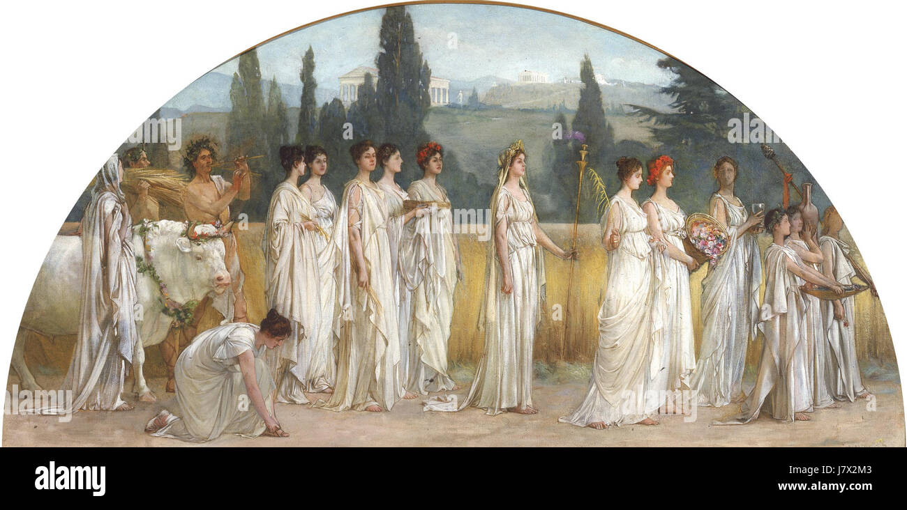 "Thesmophoria" di Francis Davis Millet, dipinto tra il 1894 e il 1897, raffigura l'antica festa greca dedicata alla dea Demetra. Le opere d'arte evidenziano il significato religioso e culturale del festival nella società greca. Foto Stock