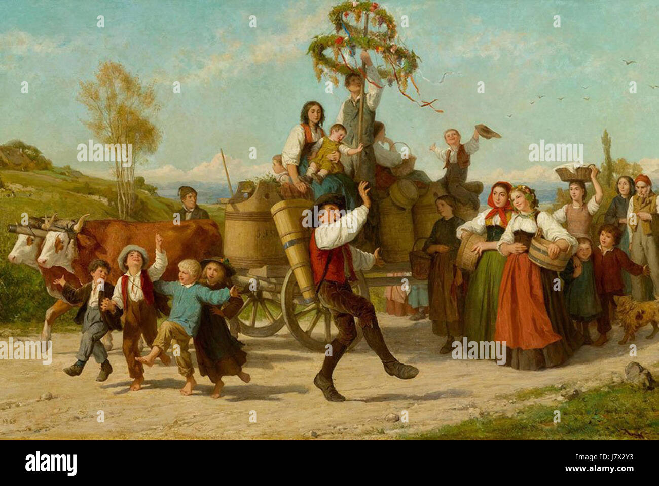 Il "Festival del vino" di Albert Anker è un dipinto del XIX secolo che raffigura una tradizionale festa del vino, catturando la vita rurale, la cultura popolare e la gioia della celebrazione comune. Foto Stock