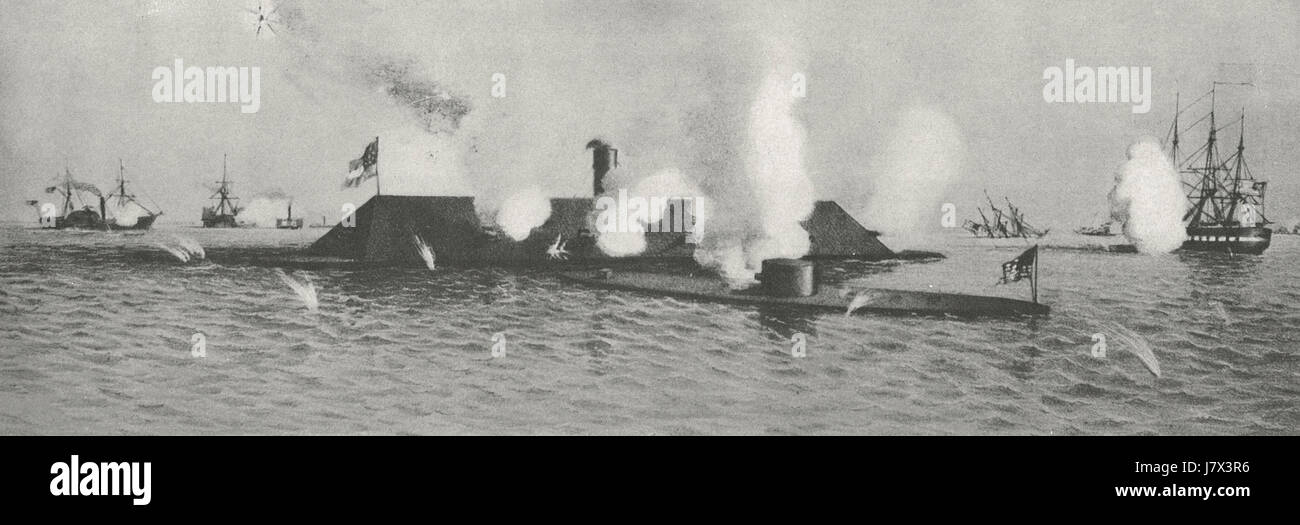 La prima battaglia tra Ironclads - il Monitor vs il Merrimac alla battaglia di Hampton Roads, Virginia. Il 9 marzo 1862. Foto Stock