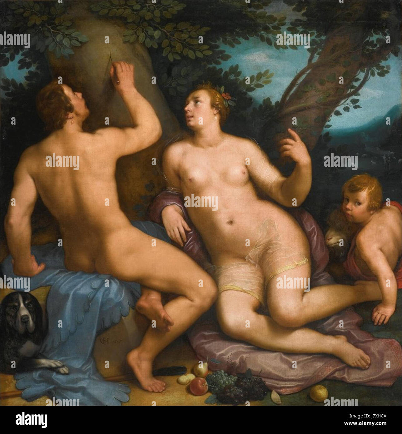 "Parigi e Oenone" è un dipinto di Cornelis Cornelisz. Van Haarlem, creato nel 1616. L'opera raffigura la storia mitologica di Parigi e Oenone, mostrando l'approccio dettagliato dell'artista ai temi classici. Foto Stock
