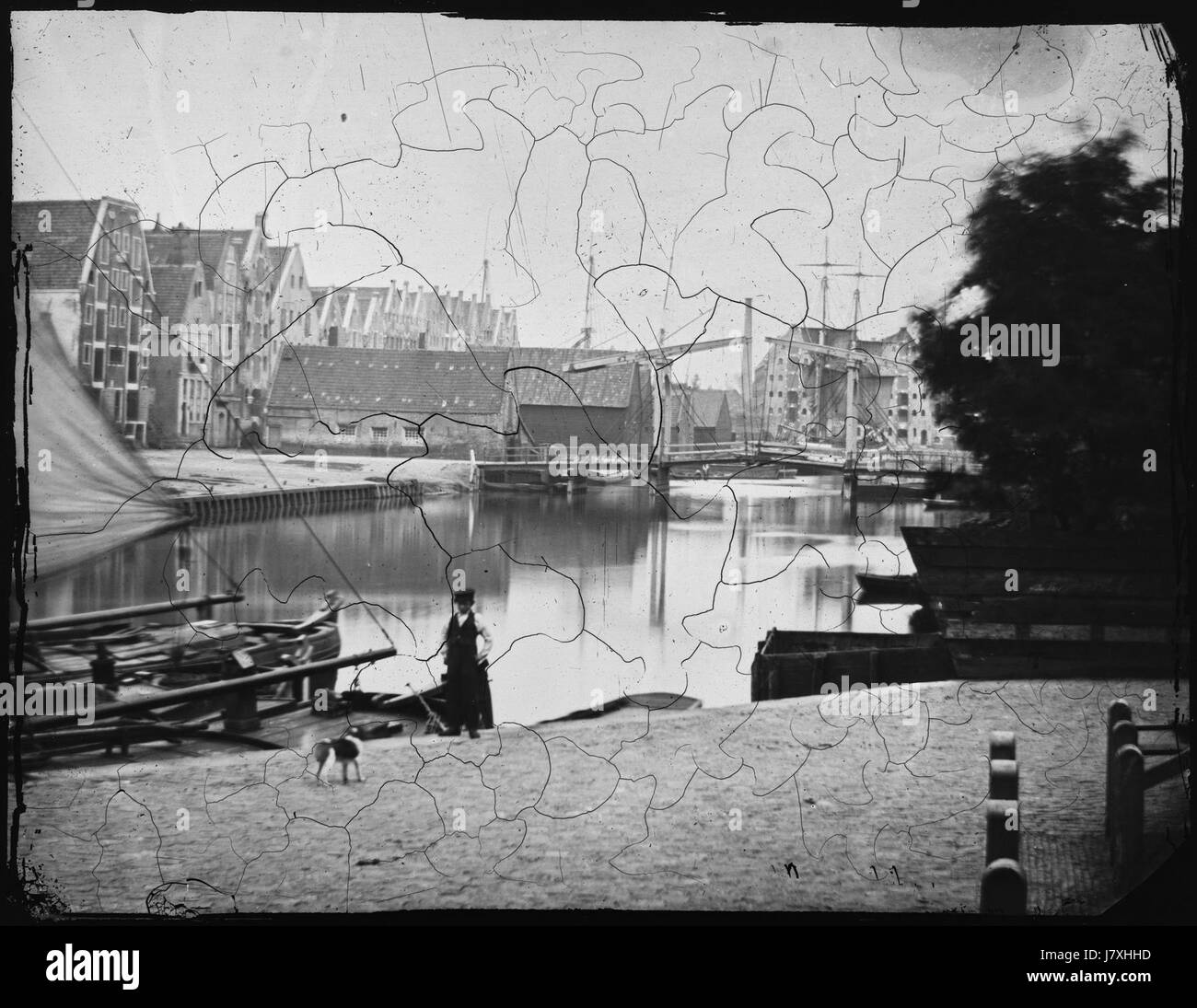 Fotografia storica del canale Bickersgracht ad Amsterdam, Paesi Bassi, vista verso nord dalla piazza dietro l'Eilandskerk verso il ponte numero 315, scattata nel 1861. Foto Stock