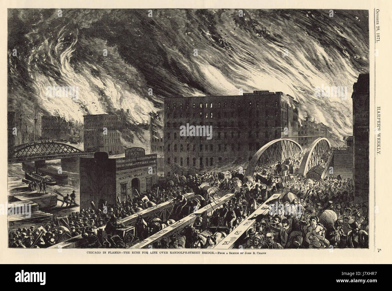 L'incendio di Chicago del 1871 fu un incendio catastrofico che distrusse gran parte della città, lasciando migliaia di senzatetto. Rimane un momento cruciale nella storia di Chicago, portando a importanti riforme nella pianificazione urbana e nella sicurezza degli edifici. Foto Stock