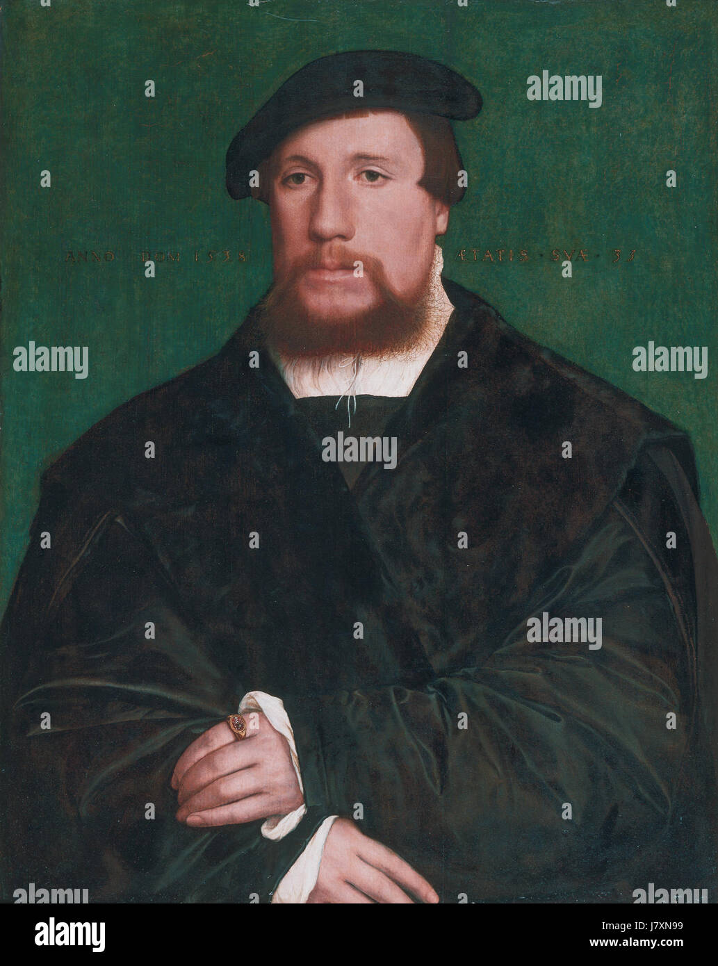 Questo titolo si riferisce a un ritratto di Hans Holbein il giovane, con un mercante anseatico. Il ritratto cattura l'abbigliamento, lo status e la ricchezza di un mercante della Lega Anseatica, un potente gruppo commerciale medievale. Foto Stock