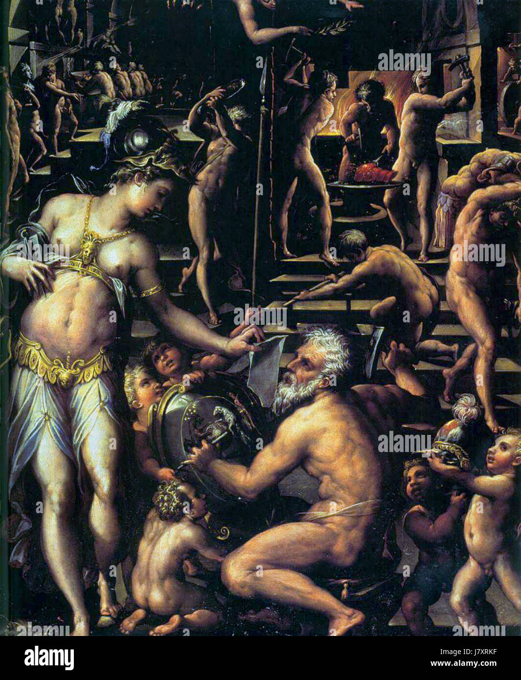 Una rappresentazione di Atena ed Efesto della mitologia greca, dove Atena, la dea della saggezza e della guerra, è raffigurata accanto a Efesto, il dio del fuoco e della lavorazione dei metalli. L'immagine riflette aspetti chiave dell'antica mitologia greca e i loro ruoli divini. Foto Stock