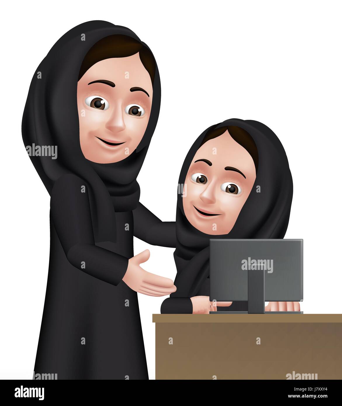 La donna araba insegnante insegnamento di carattere ragazza degli studenti nella scuola di computer da indossare Abaya Nero per gli studi. Modificabile illustrazione vettoriale Illustrazione Vettoriale