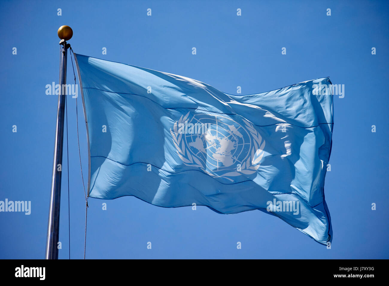 Bandiera delle Nazioni Unite battenti presso la sede delle Nazioni Unite a New York City USA Foto Stock