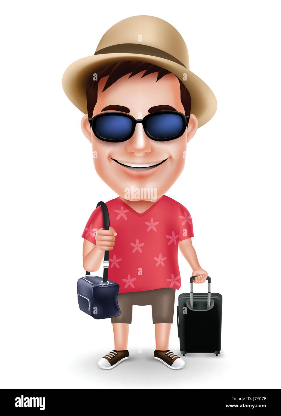 Tourist Traveler uomo carattere vettoriale di indossare abbigliamento casual e Hat con sacche da viaggio per i viaggi isolati in uno sfondo bianco. Illustrazione Vettoriale Illustrazione Vettoriale