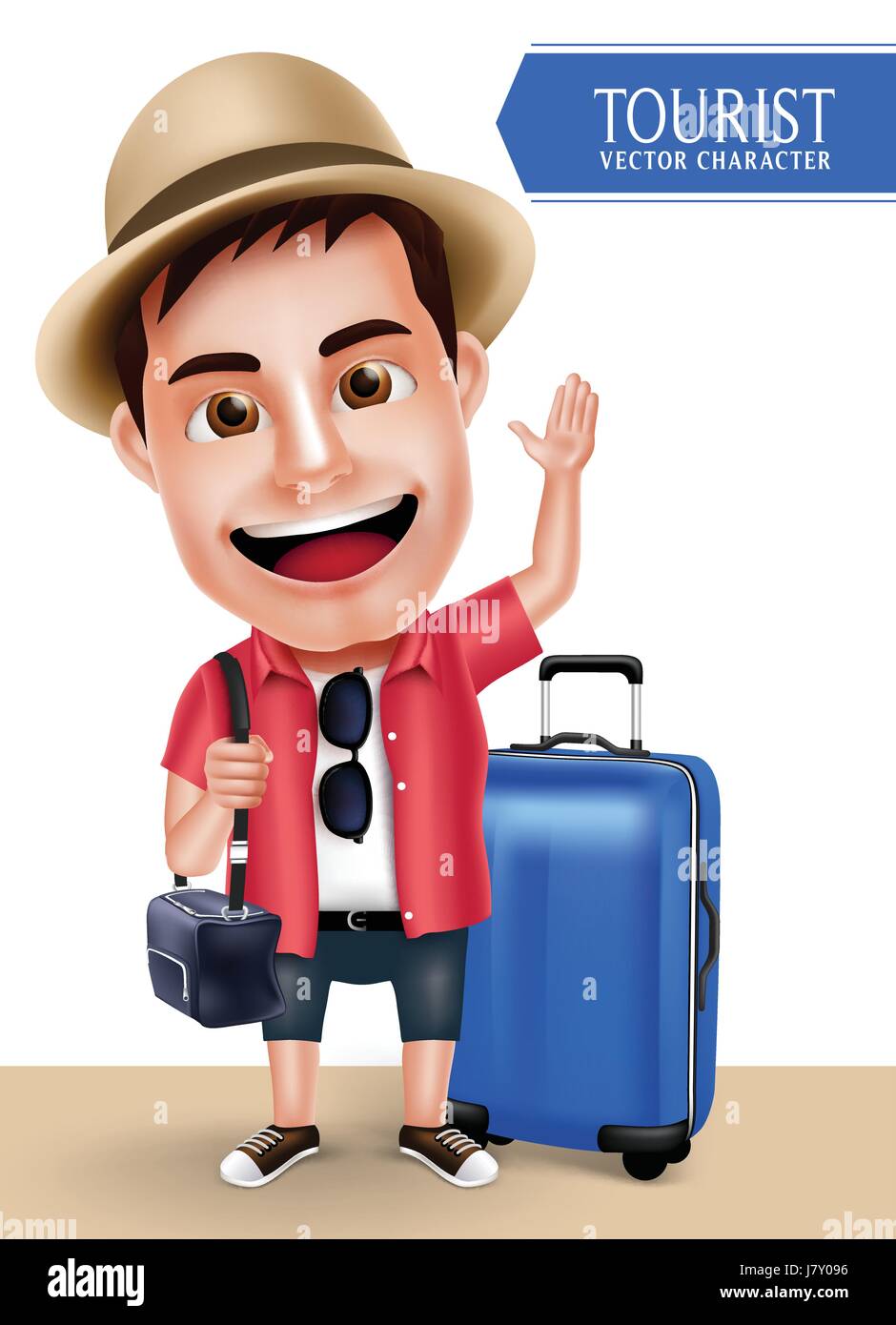Tourist Traveler uomo carattere vettoriale indossa casual con sacche da viaggio per i viaggi e le escursioni isolato in uno sfondo bianco. Vettore di set di caratteri Illustrazione Vettoriale