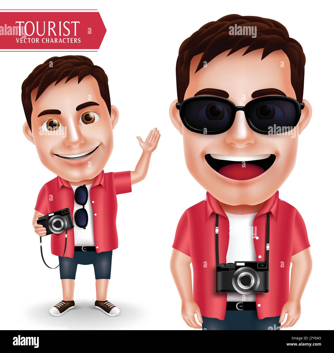 Fotografo turistico uomo carattere vettoriale indossa Casual tenere la fotocamera e agitando la mano per i viaggi e le escursioni isolato in uno sfondo bianco. Illustrazione Vettoriale