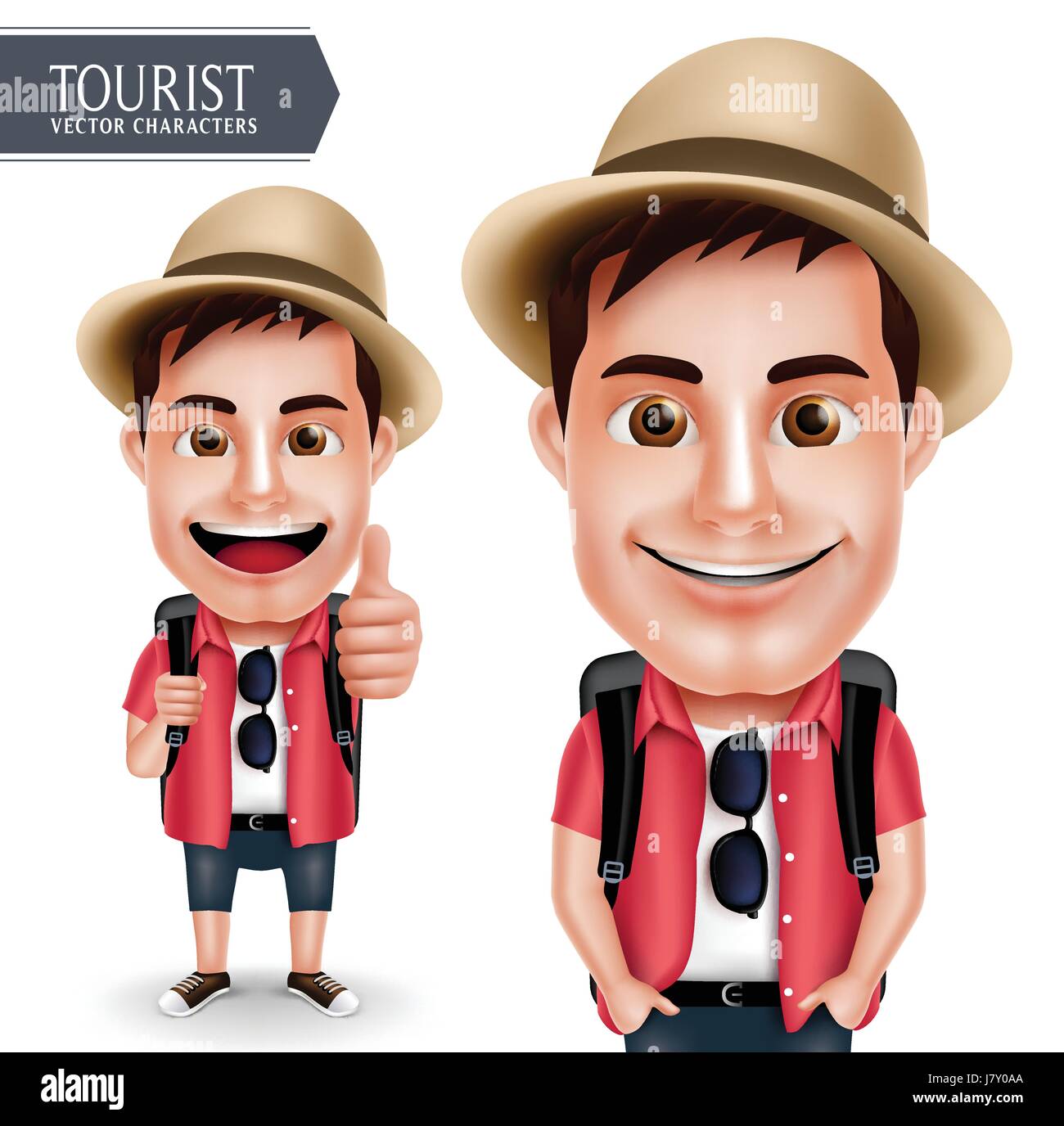Tourist Traveler uomo carattere vettoriale indossa casual con zaino per viaggi e escursioni isolato in uno sfondo bianco. Vettore di set di caratteri Illustrazione Vettoriale
