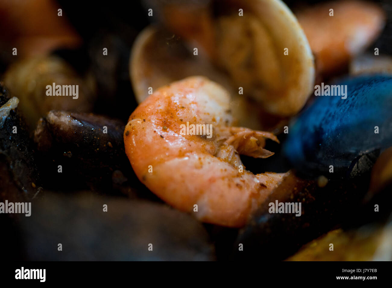 Le vongole, i gamberi, mussles, cuocere in pentola Foto Stock