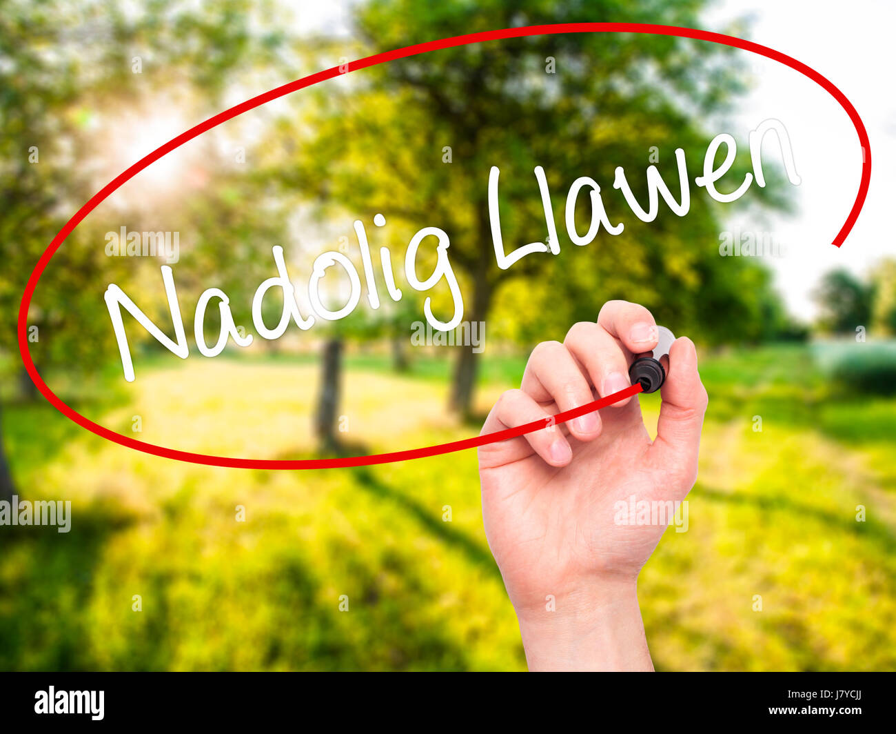 Man mano che scrive Nadolig Llawen (Buon Natale in lingua gallese) con pennarello nero su schermo visivo. Isolato su sfondo. Business, tecnologia internet Foto Stock