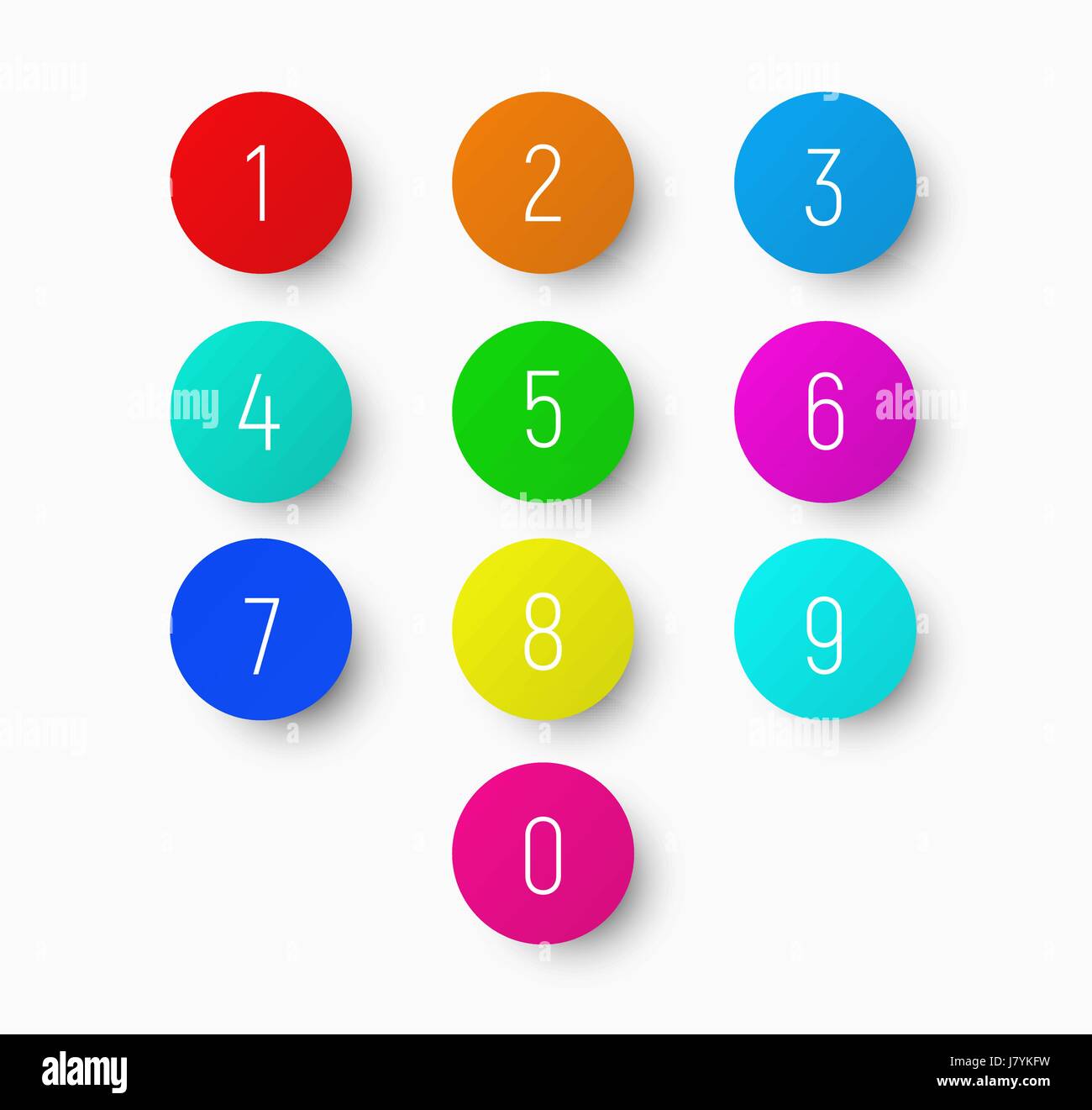 Serie di numeri da 1 a 9 su un round pulsante multicolore con un'ombra. Modello per la calcolatrice o la composizione. Illustrazione Vettoriale