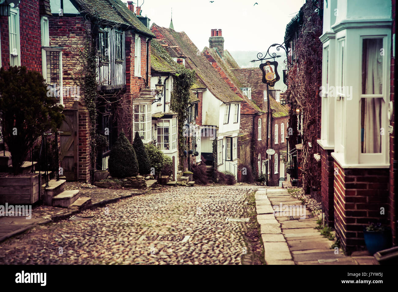 Segale, REGNO UNITO 21 Gennaio 2017: pretty Tudor metà case di legno su una strada acciottolata a Rye in West Sussex Foto Stock