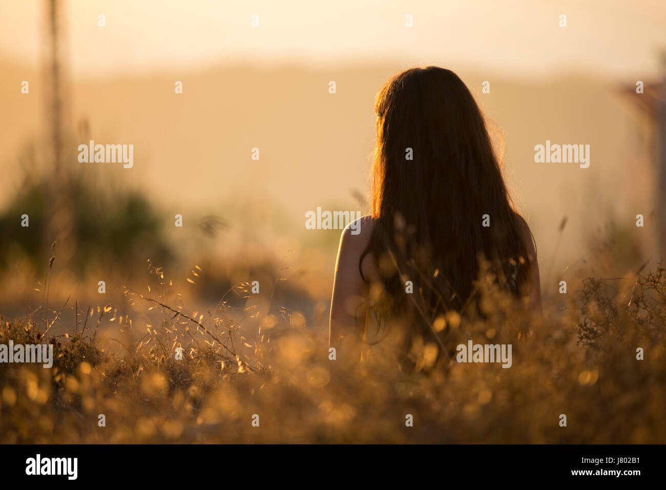 Vista posteriore di una giovane donna con i capelli scuri esterni al tramonto Foto Stock