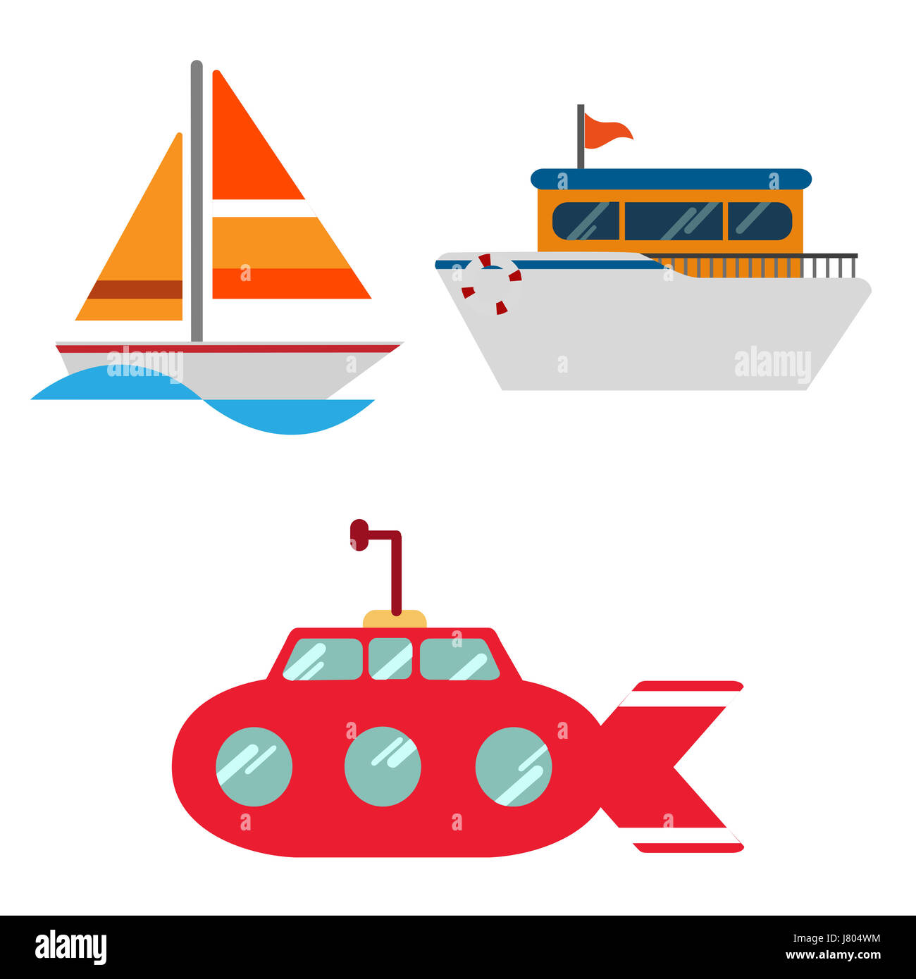 Una illustrazione delle diverse modalità di viaggio su acqua su sfondo bianco Foto Stock