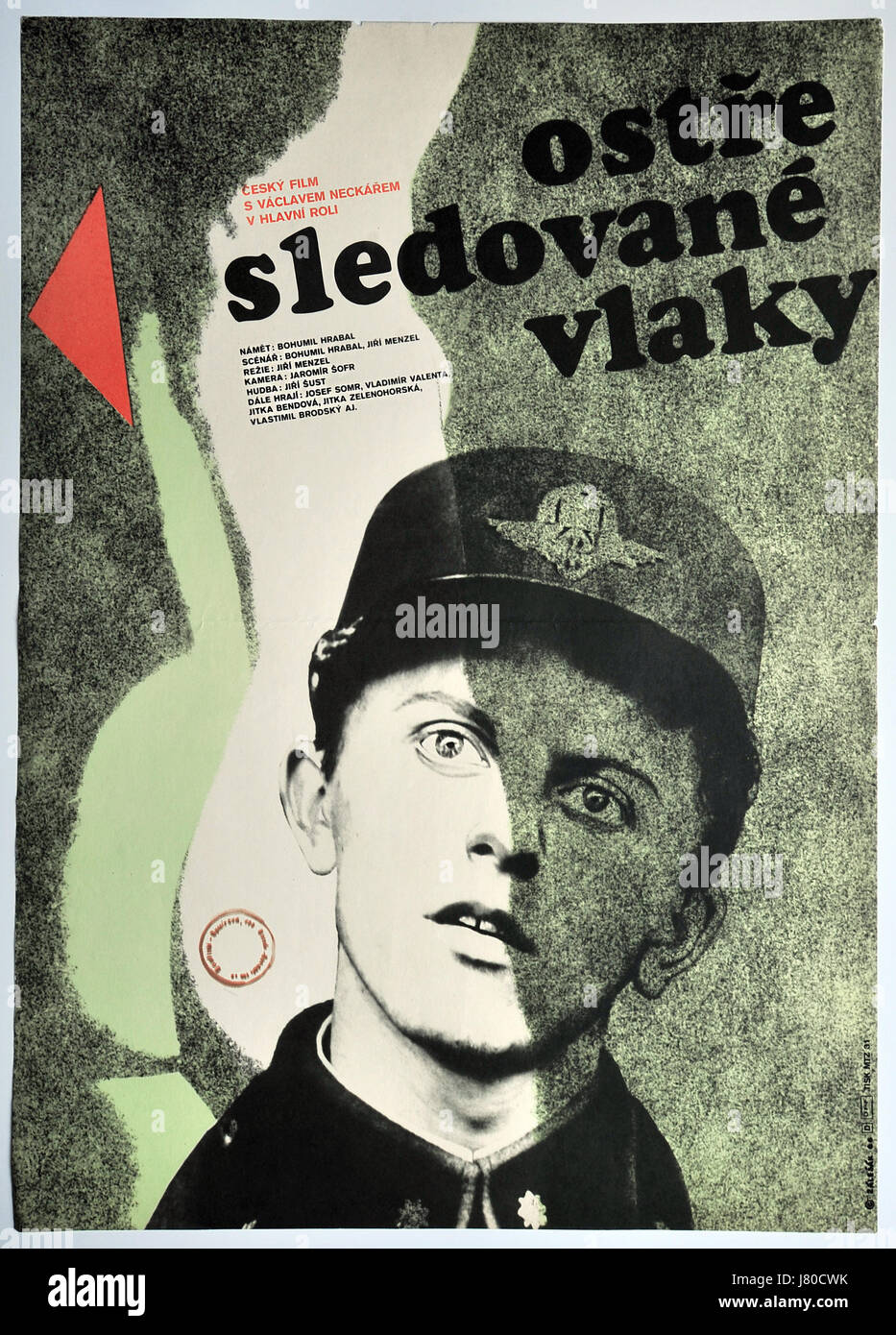 Guardato da vicino i treni. Originale film cecoslovacco poster di artista Frantisek Zalesak, 1966. Film di Oscar. Direttore: Jiri Menzel Foto Stock