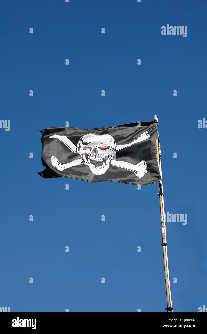 Cranio flutter bandiera blu nero jetblack swarthy deep black skull flag flag del montante Foto Stock