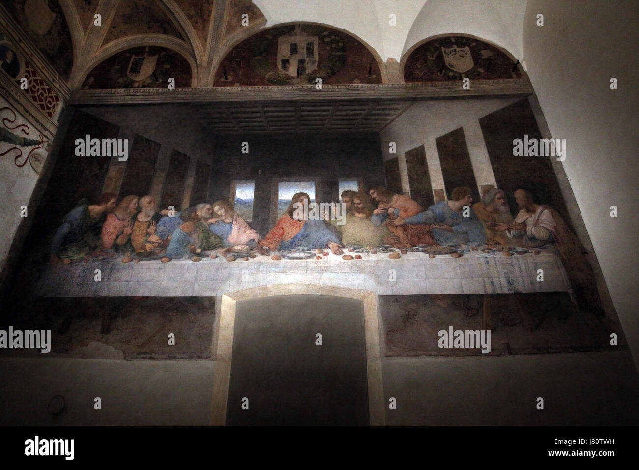 L'Ultima Cena è un tardo XV secolo la pittura murale di Leonardo da Vinci in Santa Maria dell Grazie, Milano, Italia. Foto Stock