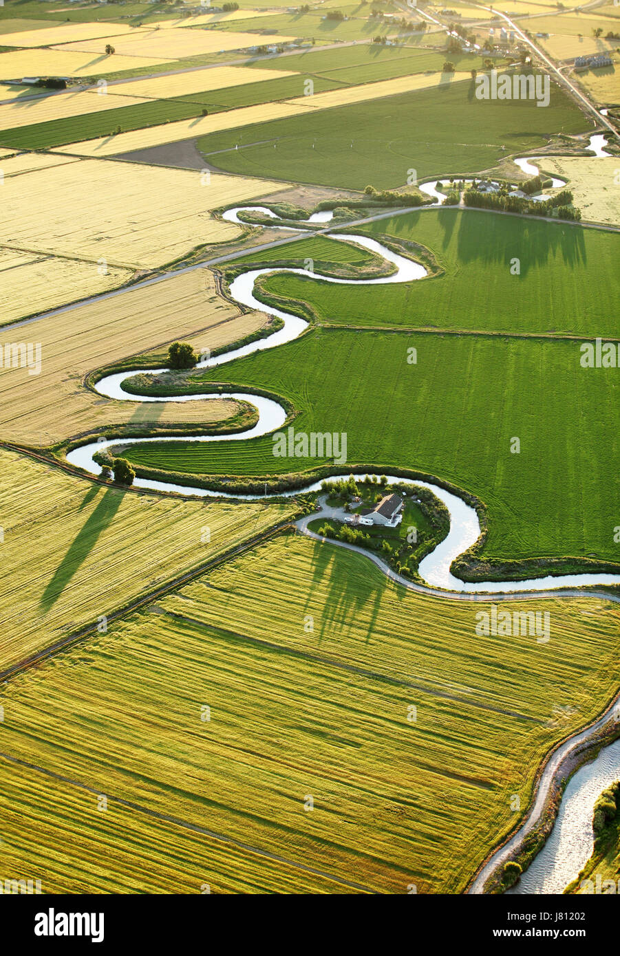 Una veduta aerea di terreni agricoli e di canali di irrigazione in esecuzione attraverso i campi. Foto Stock