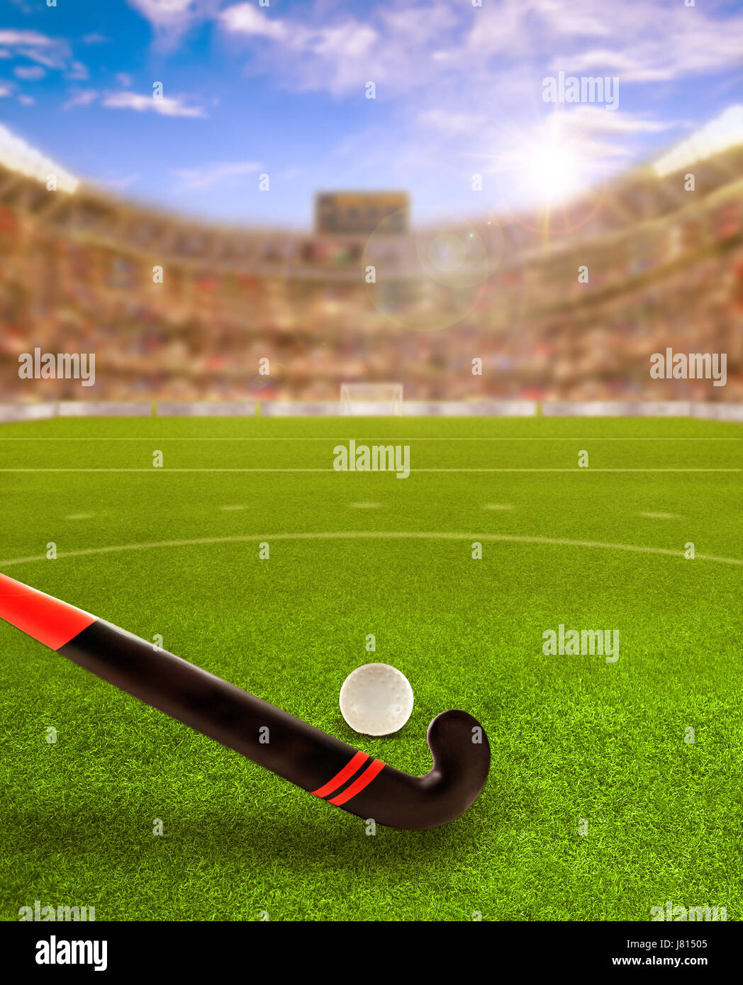 3D rendering di sports arena piena di tifosi sulle tribune con il bastone da hockey su prato e la palla sul campo. Sunset flare per effetti speciali. Focus su foregrou Foto Stock