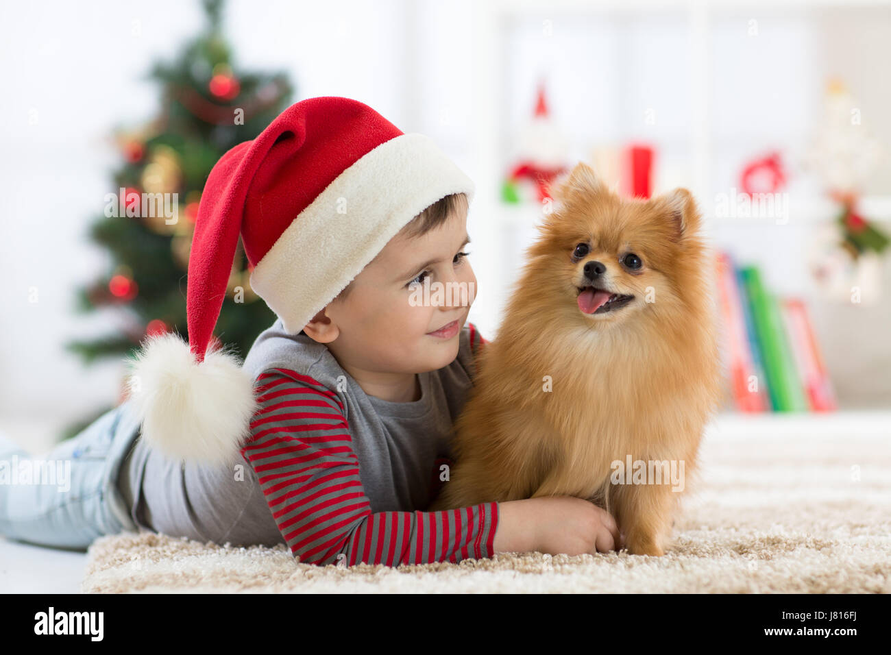 Capretto felice little boy e cane a Natale Foto Stock
