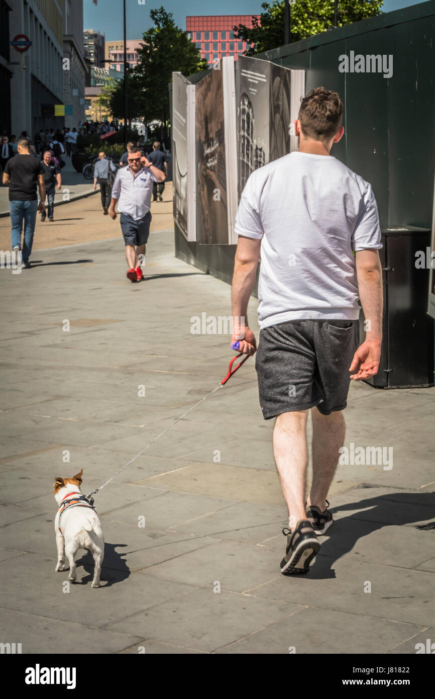 Un uomo che cammina il suo cane al di fuori di Kings Cross stazione ferroviaria nel centro di Londra, Regno Unito Foto Stock